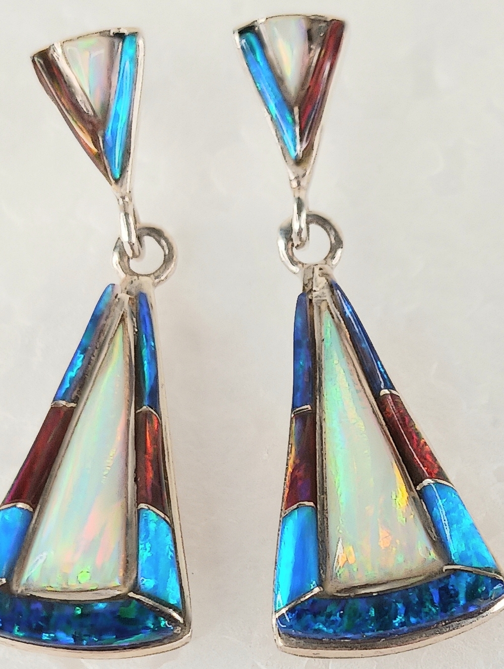 Earrings Vtg Navaho Native American 925 Turquoise Coral More Inlays RICHARD LEE